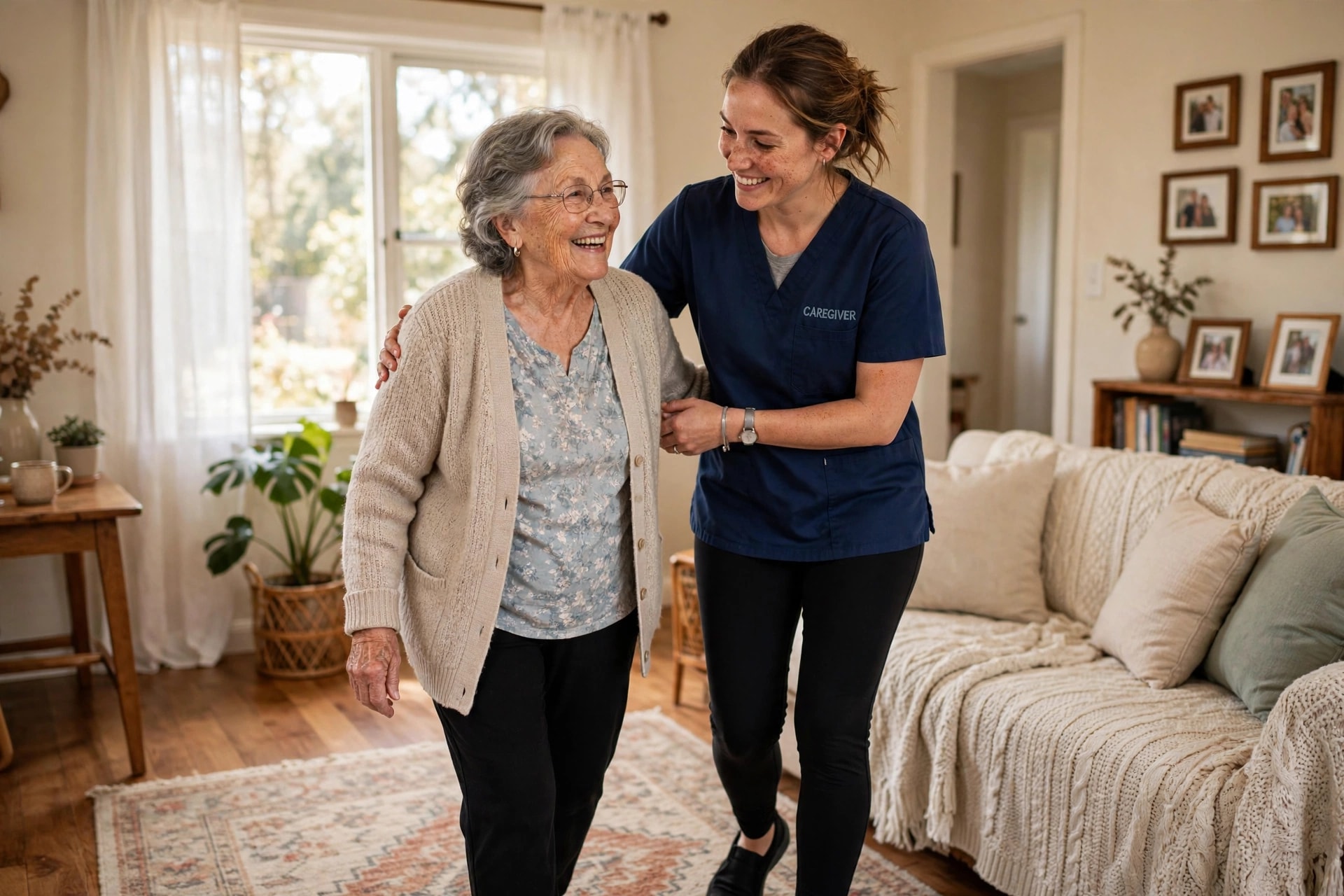 Caregiver helping a smiling elderly woman walk in a bright living room at home